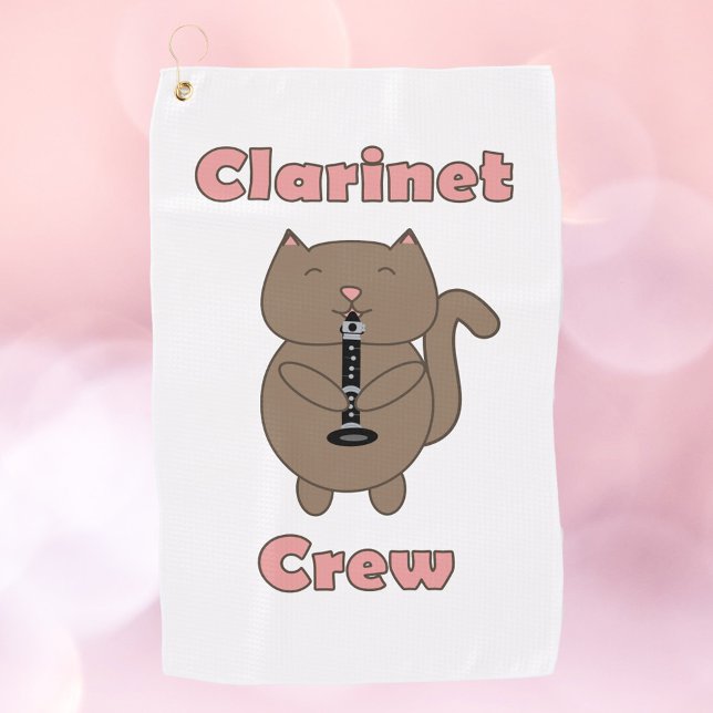 Clarinet Crew Pink Brown Cat Golf Towel (A golf towel that says clarinet crew with a cat playing the clarinet.)