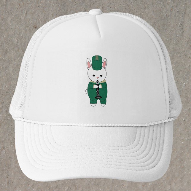 Clarinet Marching Band Rabbit Green Gold Trucker Hat (A hat with a rabbit playing the clarinet in a green & gold marching band uniform.)