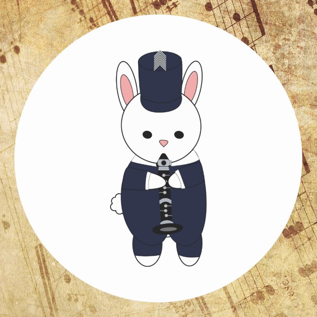 Clarinet Marching Band Rabbit Navy Blue White Classic Round Sticker (A sticker featuring a rabbit playing the clarinet in a navy blue & white marching band uniform)