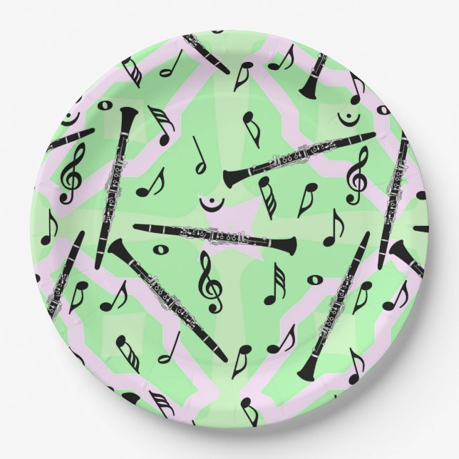 Clarinet Music Note Pattern Paper Plate (Front)