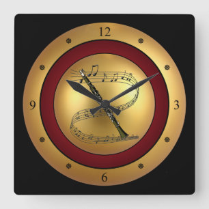 Clarinet ~ Musical Scroll ~ Gold/Maroon/Black Back Square Wall Clock