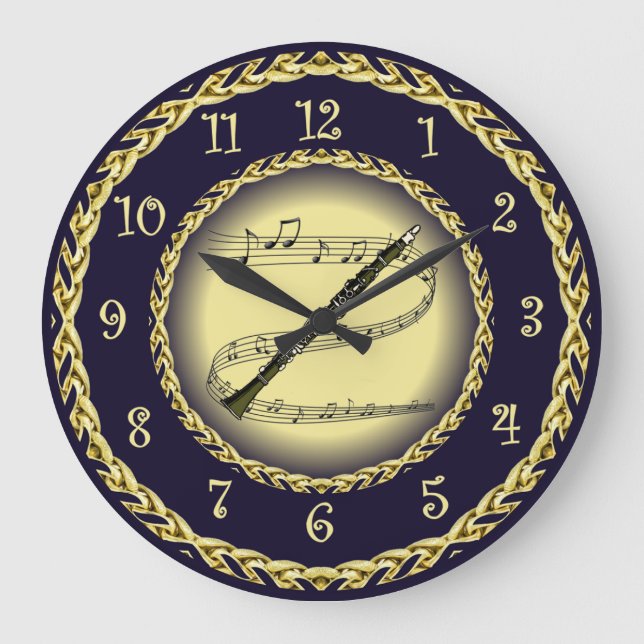 Clarinet ~ Musical Scroll ~ Gold/Navy Blue ~   Large Clock (Front)