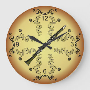 Clarinet ~ Musical Scroll ~ Golden Background ~ Large Clock
