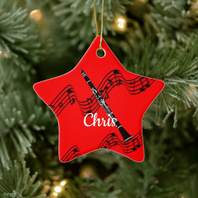 Clarinet on festive musical design, customisable ceramic tree decoration (Tree)