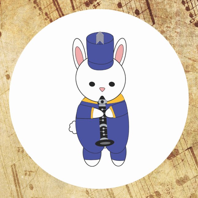 Clarinet Rabbit Marching Band Blue Yellow Gold Classic Round Sticker (A sticker with a rabbit playing the clarinet while wearing a blue & yellow marching band uniform.)