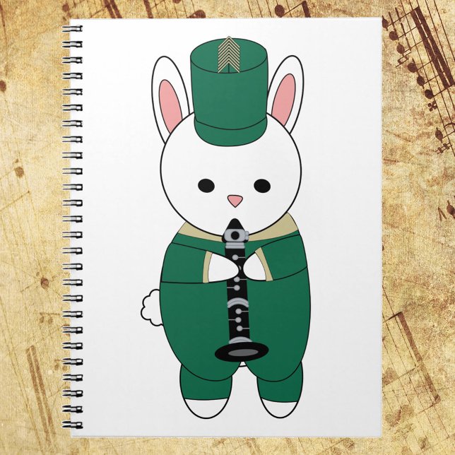 Clarinet Rabbit Marching Band Green Gold Notebook (A notebook featuring a rabbit playing the clarinet wearing a green and gold marching band uniform.)