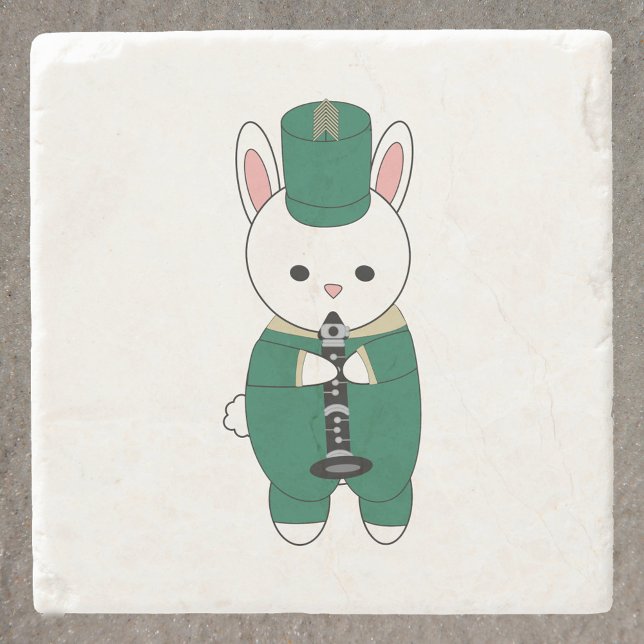 Clarinet Rabbit Marching Band Green Gold Stone Coaster (A coaster with a white rabbit playing the clarinet in green and gold.)