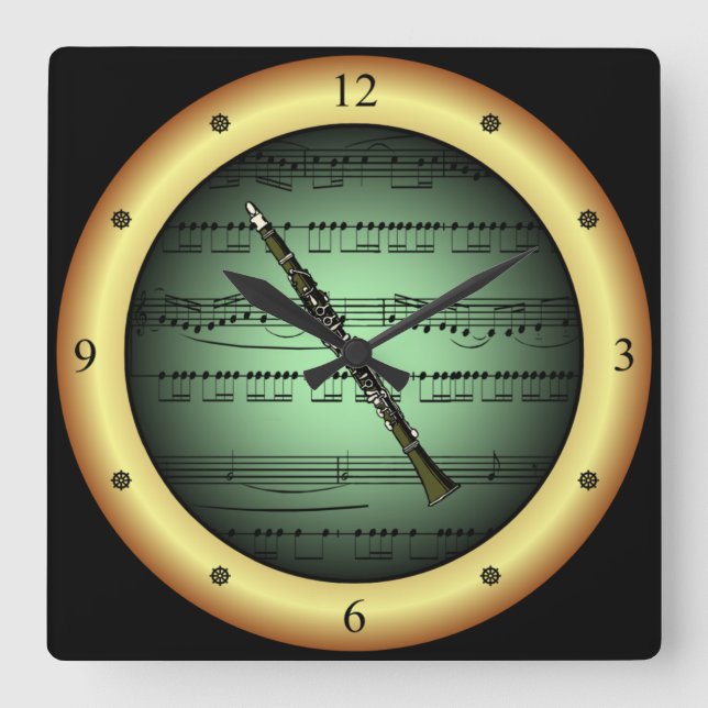 Clarinet ~ Sheet Music ~ Green/Gold Background ~   Square Wall Clock (Front)
