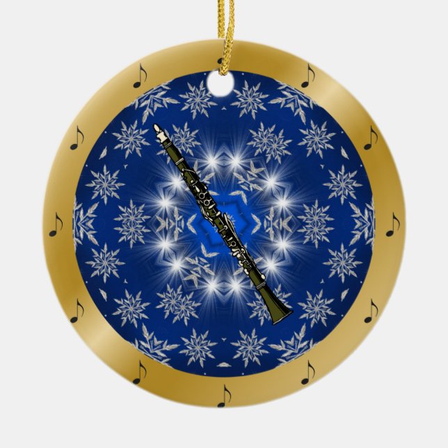 Clarinet ~ Silver ~ Blue ~ Gold ~ Christmas ~ Ceramic Tree Decoration (Front)