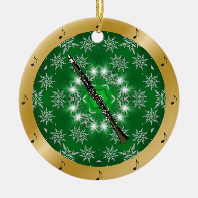 Clarinet ~ Silver ~ Green ~ Gold ~ Christmas ~ Ceramic Tree Decoration (Front)