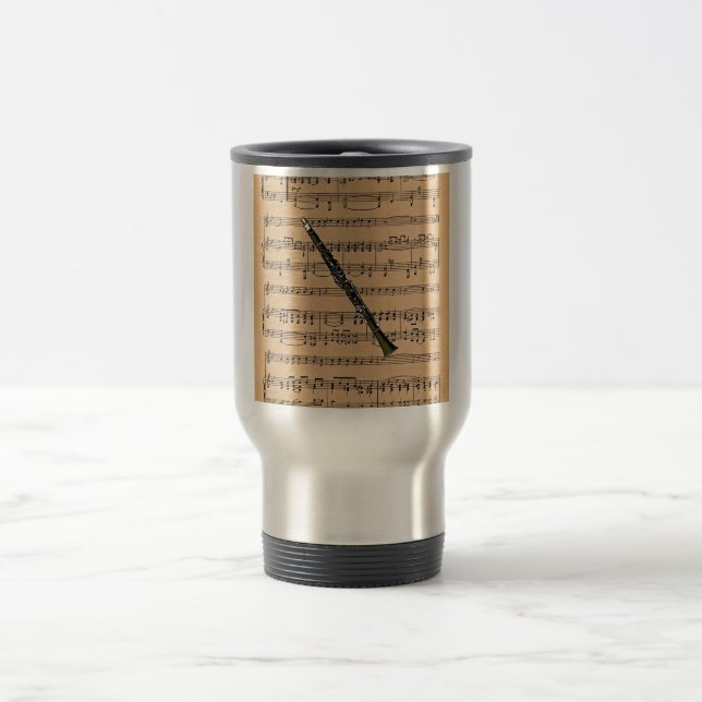 Clarinet With Sheet Music Background Travel Mug (Center)