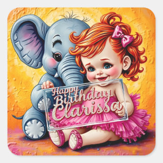 CLARISSA ~ HAPPY BIRTHDAY ~ Elephant ~ Square Sticker
