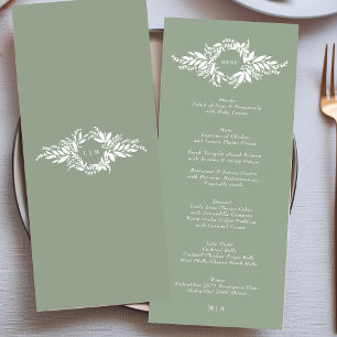 clasic sage green leafy wreath monogram Wedding Menu