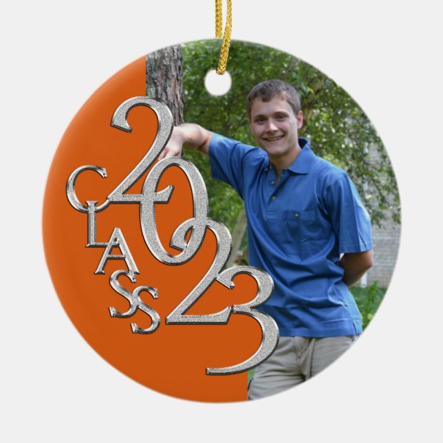 Class 2023 Orange and Silver Graduate Photo Ceramic Tree Decoration (Front)