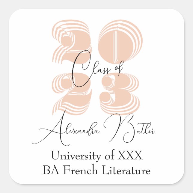 Class 2023 Peach Thank you Party Favour Graduation Square Sticker (Front)