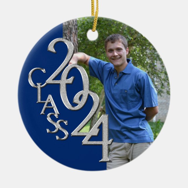 Class 2024 Blue and Silver Graduate Photo Ceramic Tree Decoration (Front)