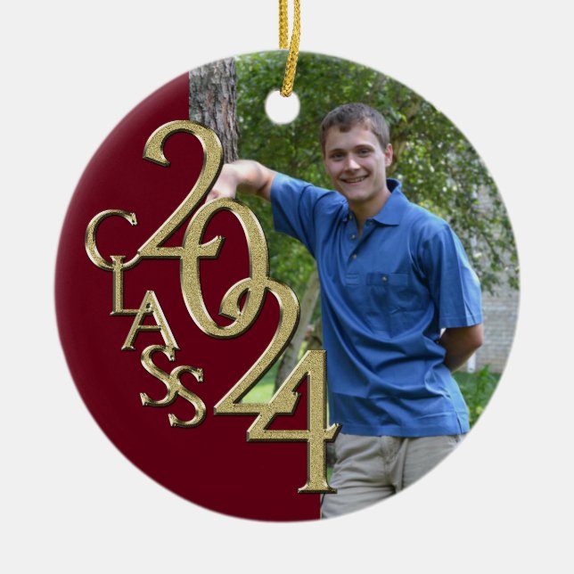 Class 2024 Burgundy and Gold Graduate Photo Ceramic Tree Decoration (Front)