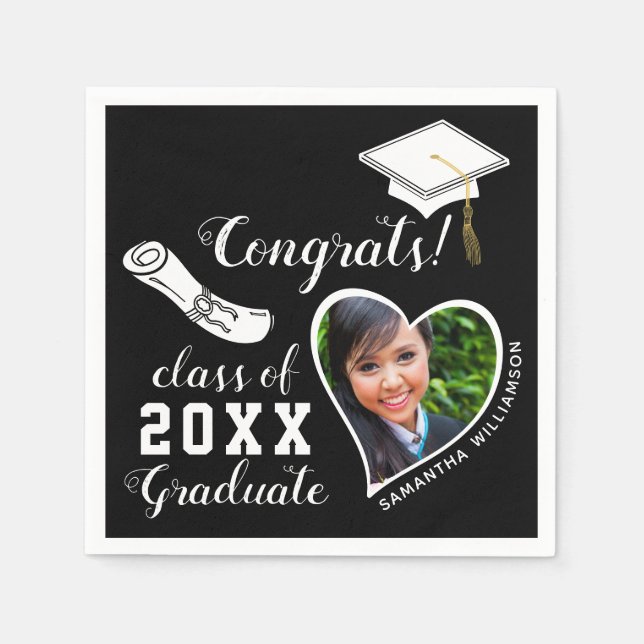Class 2025 Grad Photo Black and White Graduation Napkin (Front)