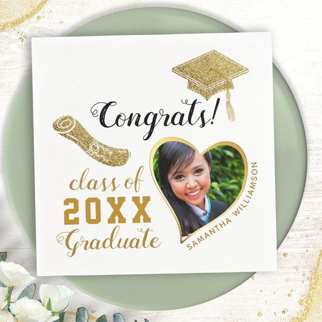 Class 2025 Grad Photo White and Gold Graduation Napkin (Creator Uploaded)