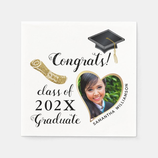 Class 2025 Grad Photo White Black Gold Graduation Napkin (Front)