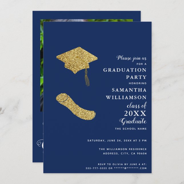 Class 2025 Navy Blue White Gold Photo Graduation Invitation (Front/Back)