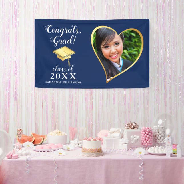 Class 2025 Photo Blue Gold White Graduation Banner (Party)