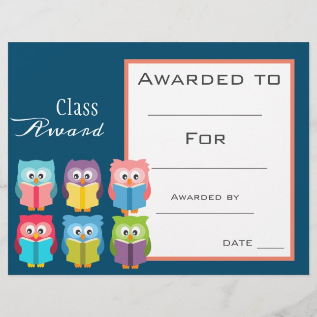 Class award cute reading owl children certificate (Front)