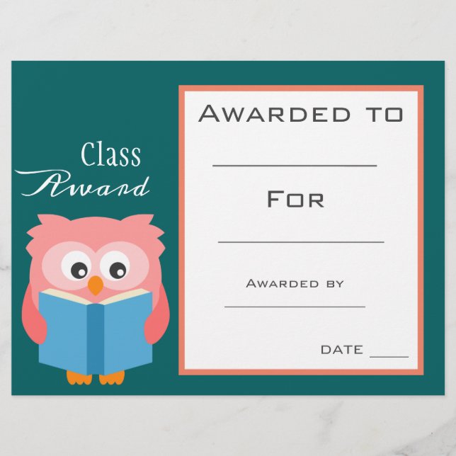 Class award cute reading owl children certificate (Front)