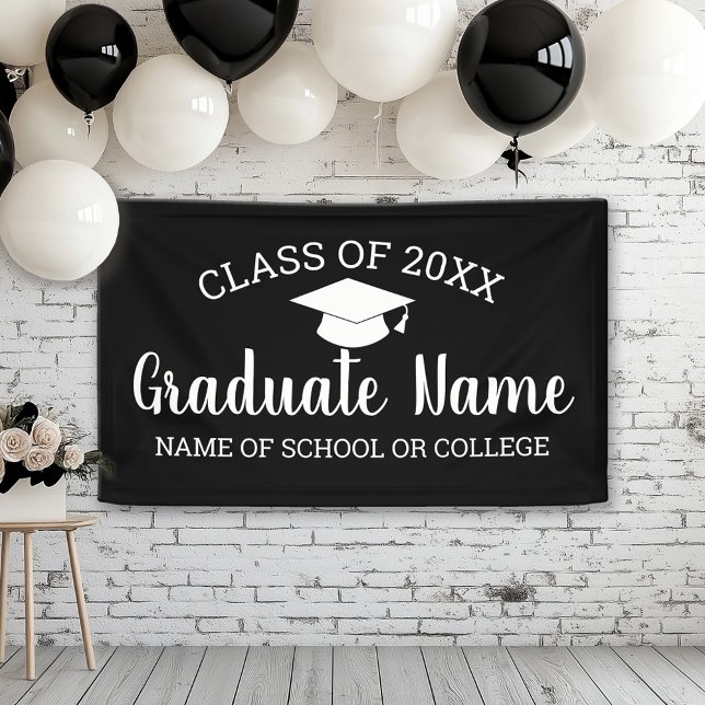 Class Grad Graduate Graduation Script black white Banner (Custom Graduation Banner for a Grad Party or Open House)