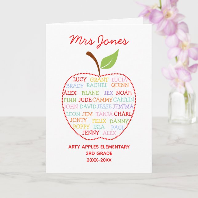 class names teacher thank you apple word art card (Orchid)