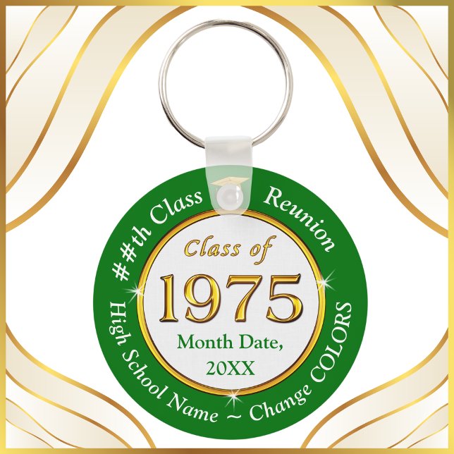 Class of 1975, 50 year Class Reunion Souvenirs, Key Ring (Class of 1975 Reunion Ideas. 50 year class reunion souvenirs. Green, White and Gold Class of 75.)