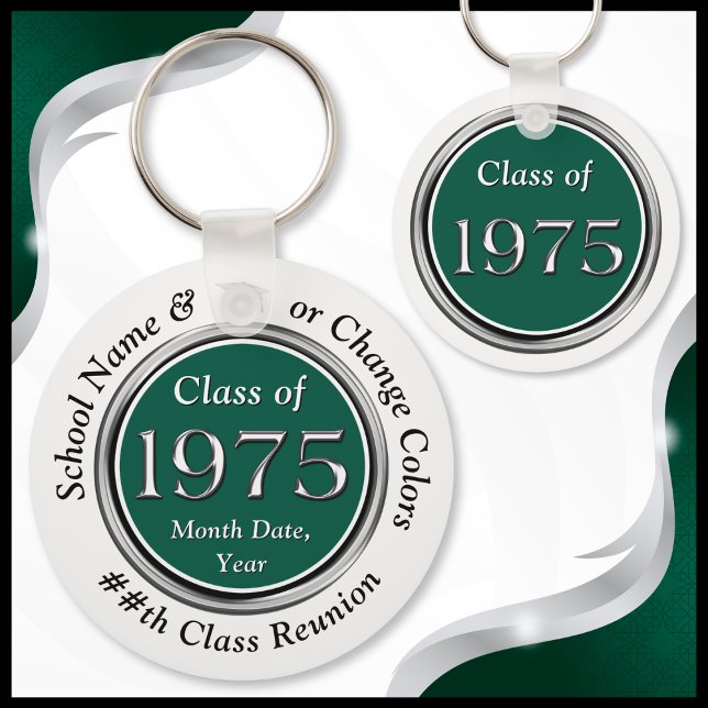 Class of 1975 50th Reunion, Class of 1975 Souvenir Key Ring (Forest Green, White, Black and Silver, Class of 1975 Reunion Gifts. Class of 75 50th class reunion.)