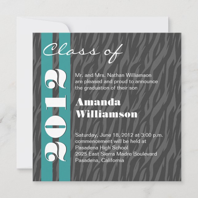 Class of 2012 Aqua Grey Zebra Change to Any Year Announcement (Front)