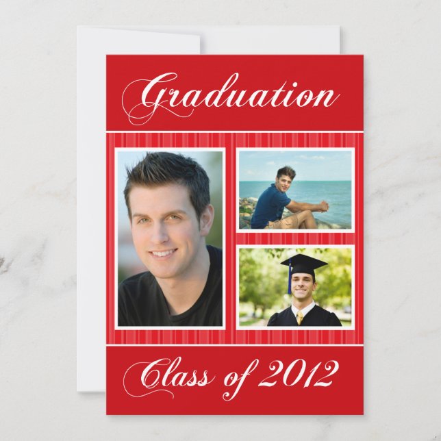 Class of 2012 Red Striped Graduation 3 Photo Invitation (Front)