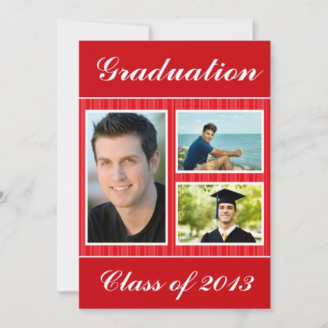 Class of 2013 Red White Striped Graduation 3 Photo Invitation (Front)