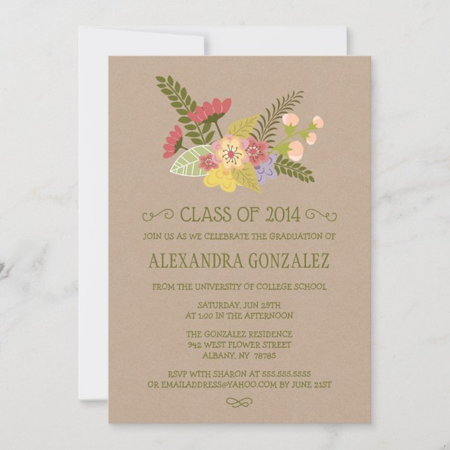 Class of 2014 kraft floral bunch graduation party invitation (Front)