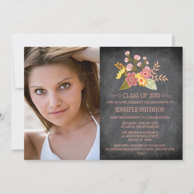 Class of 2015 floral chalkboard photo graduation invitation (Front)