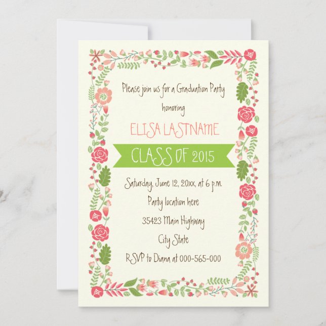 Class of 2015 pink floral border graduation invitation (Front)