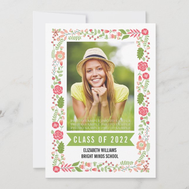 Class of 2017 graduation floral border photo invitation (Front)