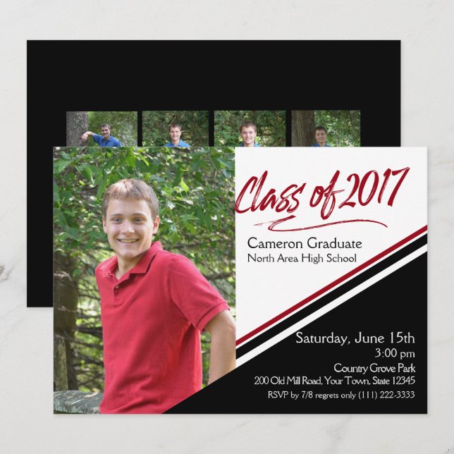 Class of 2017 Hand Script Black and Red Photo Invitation (Front/Back)