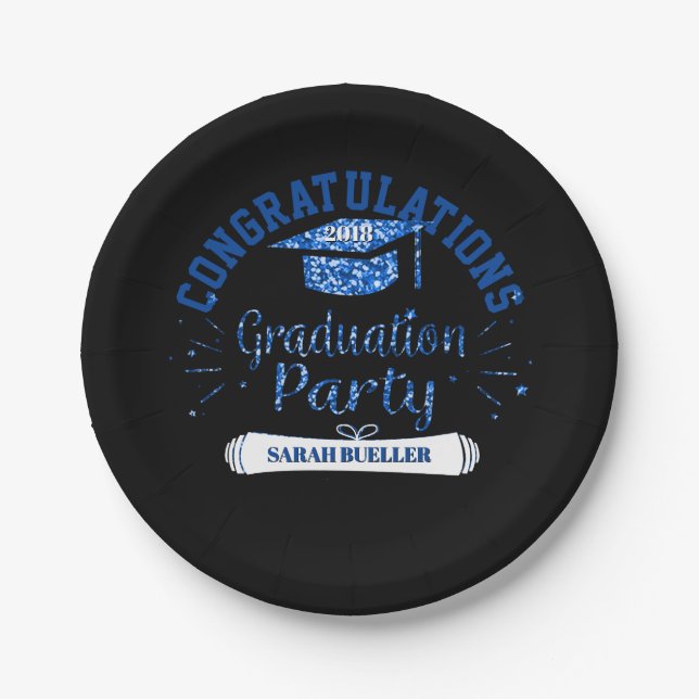 Class of 2018 Blue Graduation Party Grad Cap Paper Plate (Front)
