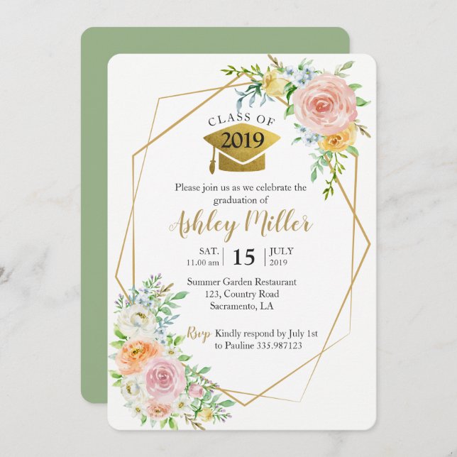 Class of 2018 Floral blush gold Graduation Party Invitation (Front/Back)