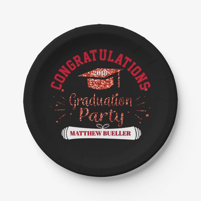 Class of 2018 Grad Cap Black Red Graduation Party Paper Plate (Front)