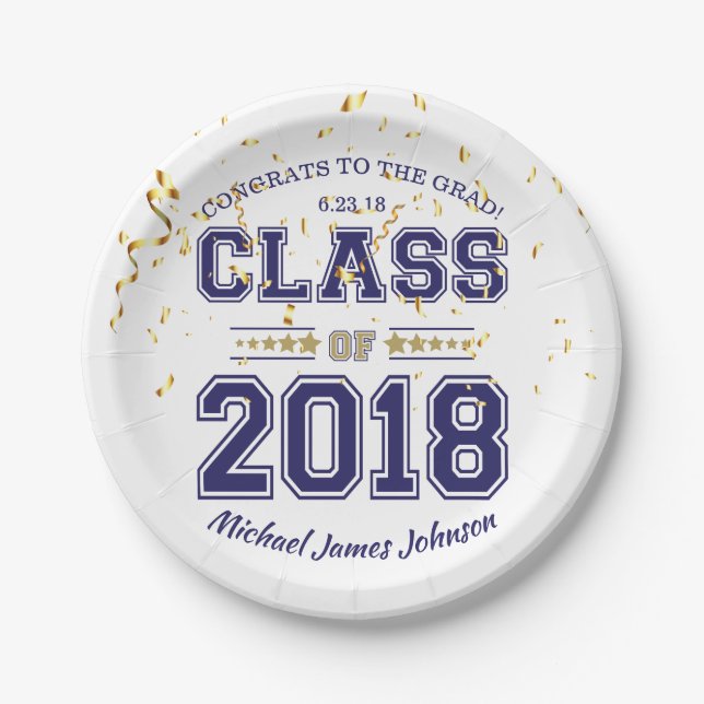 Class of 2018 Grad Party Blue and Gold Paper Plate (Front)