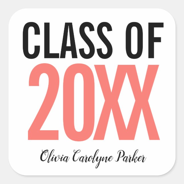 Class of 2019 Coral Bold Personalised Graduation Square Sticker (Front)