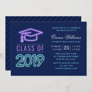 Class of 2019     Modern Cool Neon Blue Graduation Invitation