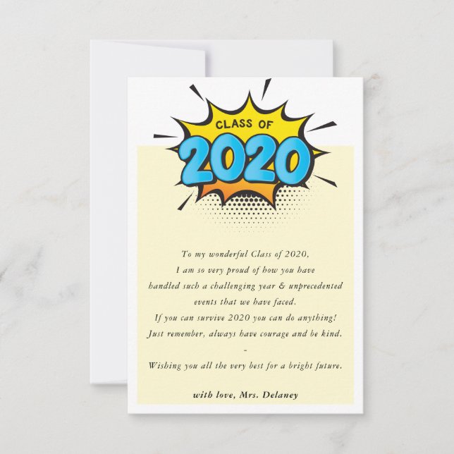 CLASS OF 2020 class teacher to student note comic Thank You Card (Front)