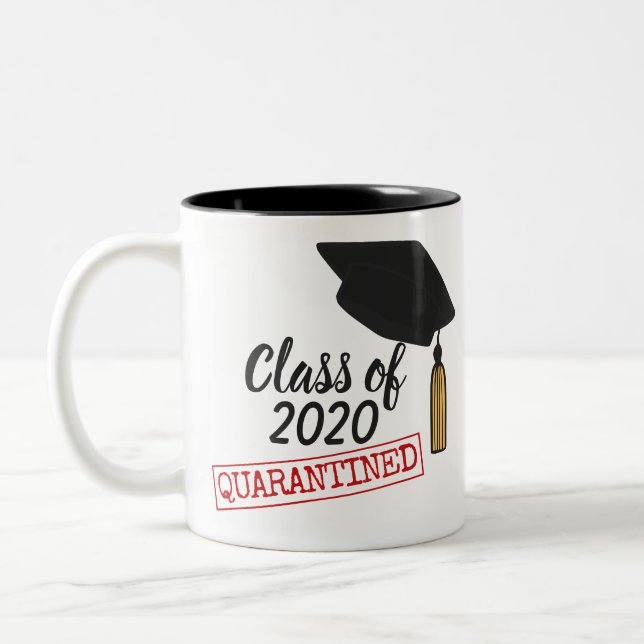 Class of 2020, quarantined graduation gold tassel Two-Tone coffee mug (Left)