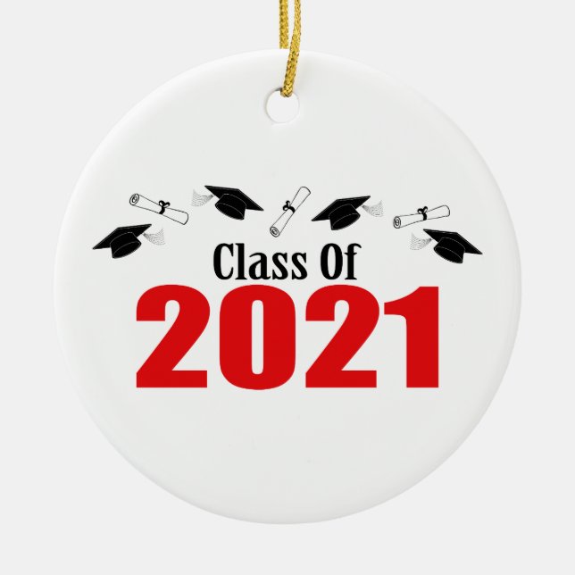 Class Of 2021 Caps And Diplomas (Red) Ceramic Tree Decoration (Front)