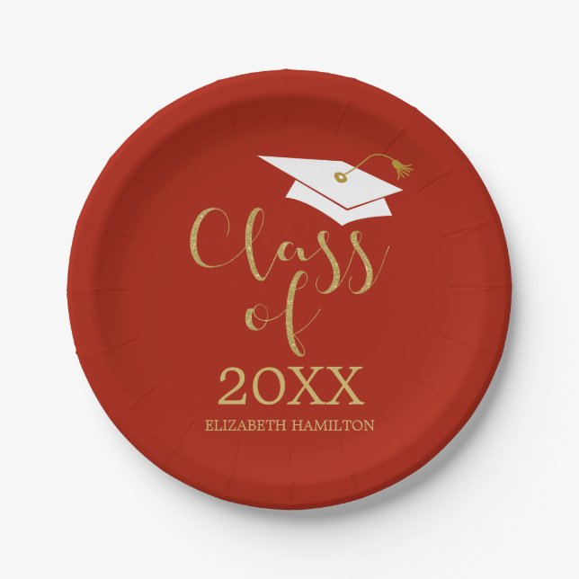 Class of 2021 Gold Glitter Calligraphy Red Paper Plate (Front)